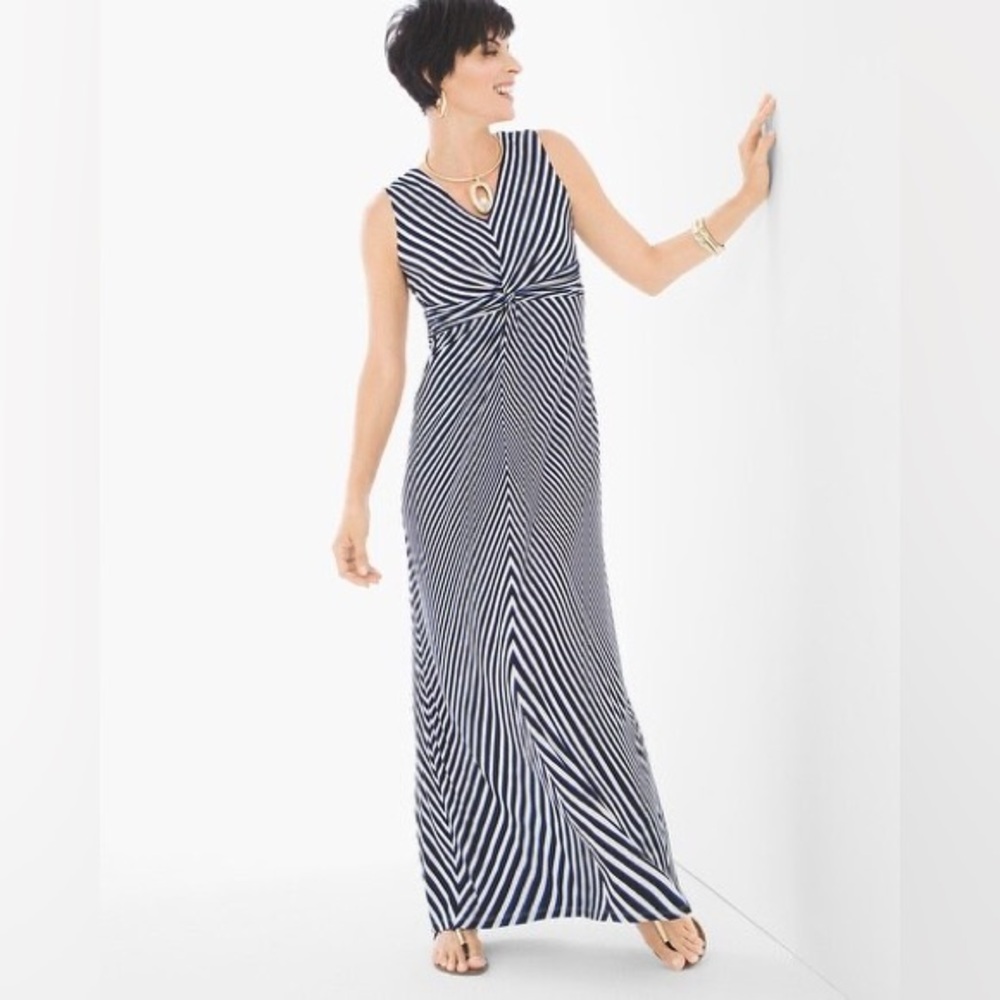 Chico’s Sleeveless Geometric Stripe Maxi Dress Size M Nautical Resort Travel